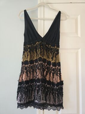 Miguelina Black Multi-Color Lace-Trim Mini Dress